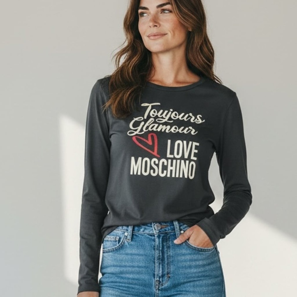 Love Moschino Toujours Glamour Black Long Sleeve Slogan T-Shirt